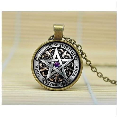 Fashion Handmade Jewelry Wiccan Protection Charm Inspirational Black Magick Pagan Pentagram Necklace Cabochon Glass Pendant