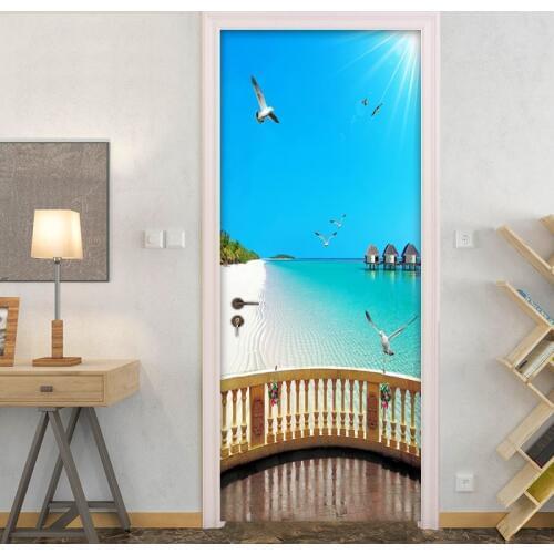 Wall Decals Door Sticker 3D Beach Balcony Sea View Mural Poster DIY Self-adhesive Waterproof Door Stickers Wallpaper Home Decor