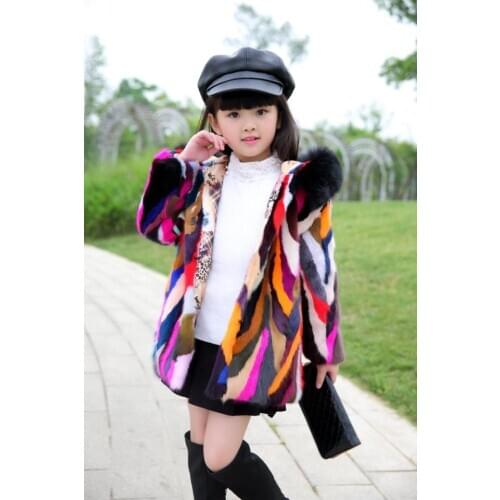 NEW girls real genuine natural mink fur coat with fox fur hood child fashion multicolor colorful fur jacket