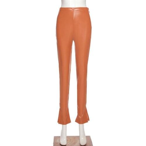 Autumn Faux PU Leather Women Pencil Pants Elegance Skinny Side Split High Waist Hot Street Fashion Solid Trousers