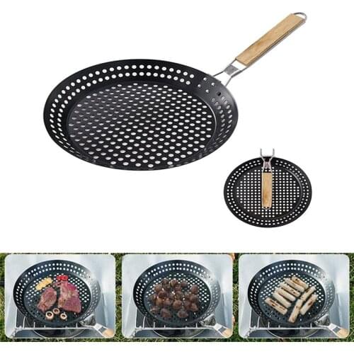Outdoor Camping Foldable Round Frying Pan Picnic BBQ Heat Resistant Steak Grilled Skillet Barbecue Tray with Wooden Handle