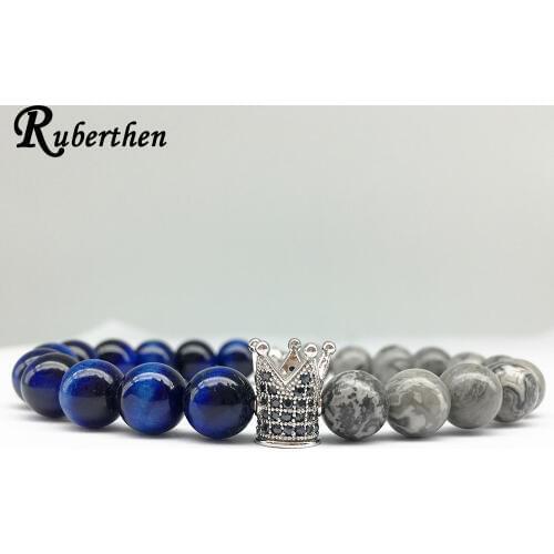 Ruberthen Men`s 2018 Designer Crown Charm Bracelet Map Jaspers with Blue Tiger Eye Stone Bracelet Bohemia Energy Jewelry