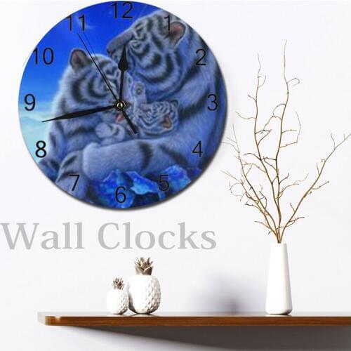 Tigers Animal Round Wall-Clocks Decor Numeral Digital Dial Mute Silent Digital Clocks Battery Operated Clocks Living Room Clocks