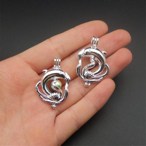 10pcs bright silver dolphin pearl cage necklace pendant, aromatherapy oil diffuser add your own pearl to make it more attractive