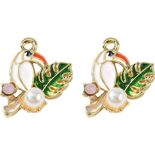 DIY Jewelry Charms Gold Tone Plated Zinc Alloy Colorful Animal Bird Pendnt Round White Pearl Decor DIY Earring 30pcs 21*15mm