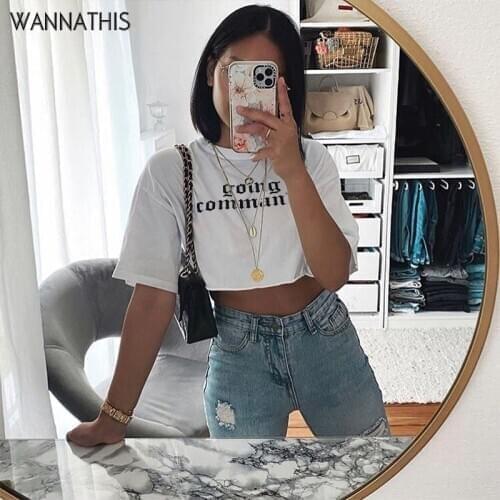 WannaThis O-Neck Short Sleeve Front Print White Cropped T-Shirt Loose Short Women Fashion Summer New Streetwear Women Casual Tee