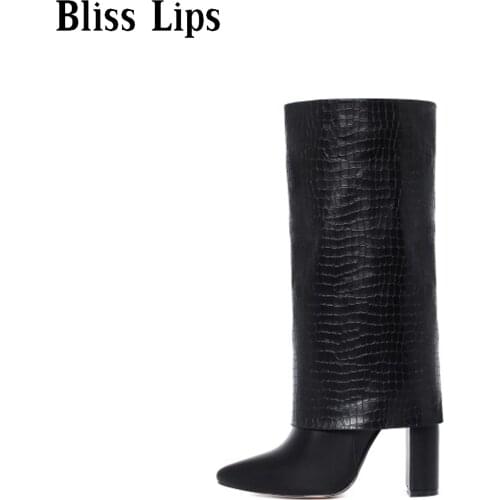Women Wedge Boots Black Fold Knee Thick High Heel Boots Pointed Toe Long Boots Female Wedges Heel Botas BigSize