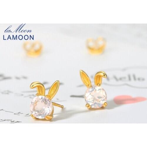 LAMOON Lovely Rabbit 925 Silver Stue Earring For Women Natural Rose Quartz 14K Gold Plated Fine Jewelry Earrings Cute LMEI131