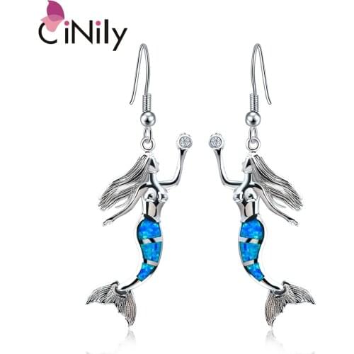 CiNily Created Blue Fire Opal Silver Plated Earrings Wholesale Retail Mermaid for Women Jewelry Dangle Earrings 2 1/4" OH3709
