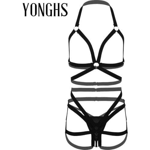 Womens Erotic Nightwear Set Hollow Out Strappy Lingerie Suit O Ring Connected Elastic Band Party Nightclub Sexy Costumes Outfits