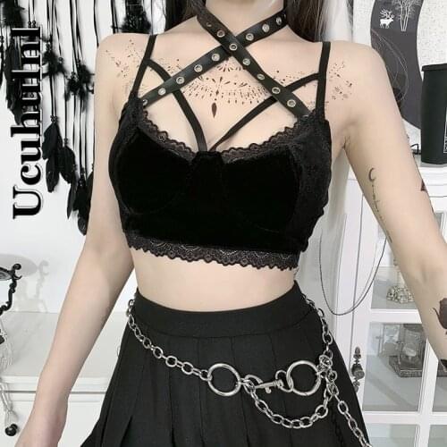 Ucuhulnl Punk Goth Bandage Black Camis Streetwear Sexy Hollow Out Lace Trim Crop Tops Grunge Gothic Style Backless Camisoles