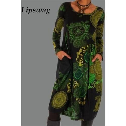 Vintage Ethnic Printed Patchwork Casual Dress Women Autumn Long Sleeve Dresses Elegant Ladies O Neck Pocket Midi Dress Vestidos