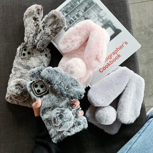 Winter Warm Plush Case For iPhone 12 11 Pro Max 7 8 6 6s Plus X XR XS Max 5 5S SE Rabbit Ears Furry Solid Phone Case Soft Cover