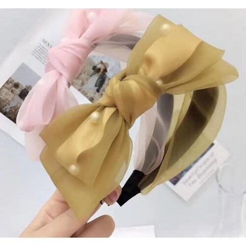 1PCS2021 New Fashion Bowknot Pearl Hair Band Womens Wide Side Lace Mesh Yarn Cute Face Washing Headband Hair Accessories