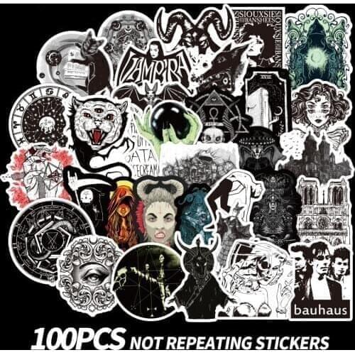 50/100pcs Goth Gothic Stickers For Notebooks Motorcycle Helmet Beach Trolley Bike Black White Craft Supplies Stickers Vintage