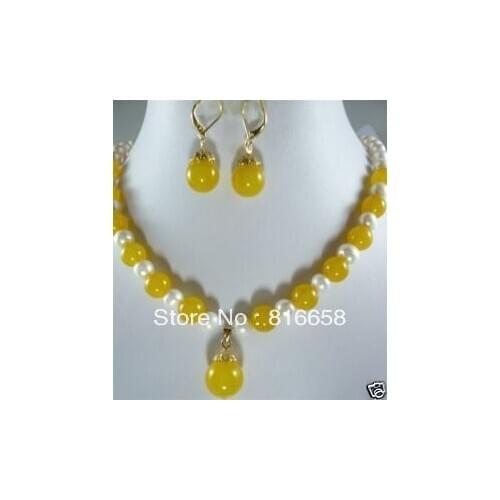 Free shipping@@Genuine yellow stone pearl pendant/necklace earring set