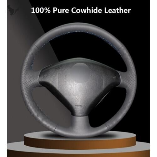 Black Genuine Leather Car Steering Wheel Cover for Peugeot 307
