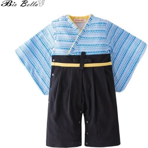 Japanese Style Kimono Baby Boys Yukata Rompers Cotton Boy Triped Jumpsuit Kids Robe Traditional Asian Clothes