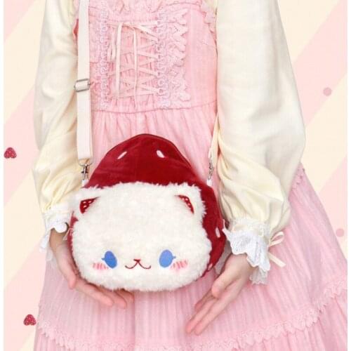 Sweet Cute Strawberry Cat Plush Lolita Messenger Bag Soft Girls Shoulder Bag Handbag Cosplay Japanese Kawaii JK Phone Dolls Bags