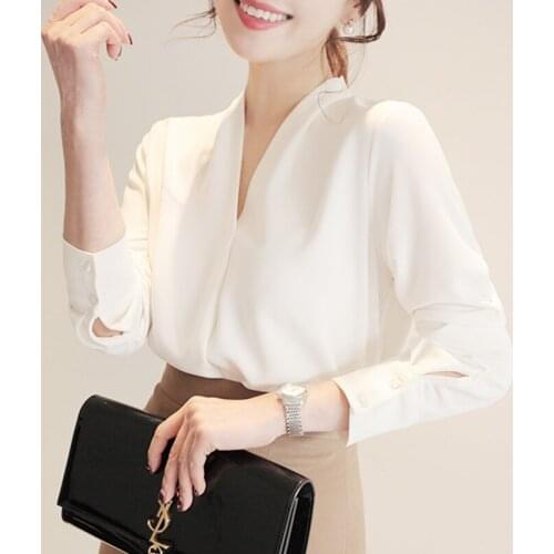 Fashion Blouses 2020 Ladies Tops For Women Shirts Chiffon White Harajuku Long Sleeve Solid Button V-Neck Blusas Female 0044