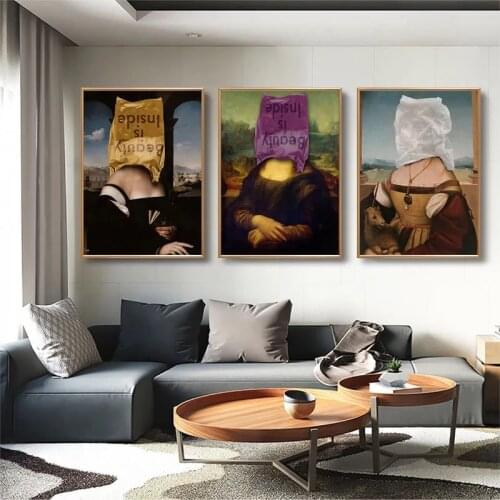 Mona Lisa Funny Art Canvas Painting Famous Da Vinci Posters and Prints Beauty Is Inside Wall Art Pictures for Living Room Decor