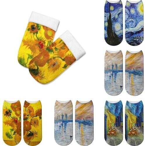 3D Painting Printed Socks Funny Sunflower Retro Classic Art Low Cut Short Socks for Women Men Unisex Vintage calcetines mujer