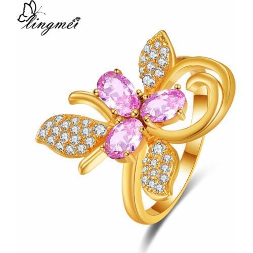 Lingmei Butterfly New Arrivals Women Jewelry Pink & Purple & White Zircon Yellow Goldplated Ring Size 6-9 Wedding Ring