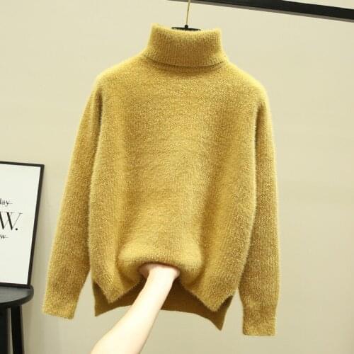 Urifens 2021 Autumn Winter Loose New High-Neck Imitation Mink Velvet Split Fork Thick Knitted Base Women Sweater LBJ0303