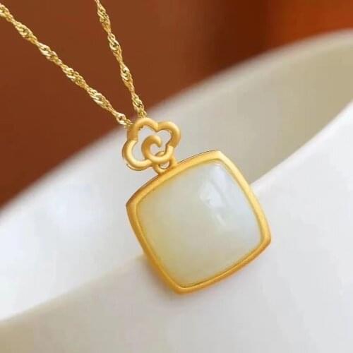 Natural Hetian Jade Auspicious Cloud Pendant Ruyi Square Plate S925 Sterling Silver Gilding Inlaid Tranquility and Peace Plate N