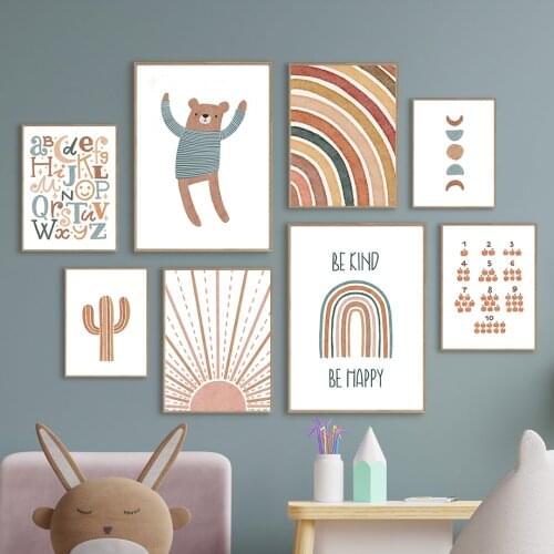 Number Bear Sun Cactus Rainbow Nordic Posters And Prints Wall Art Canvas Painting Cartoon Wall Pictures For Baby Kids Room Decor