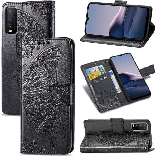 Cute Butterfly Case for BBK Vivo Y20 Y20i Y20s (6.51in) Cover Flip Leather Wallet Book Black Phone Bag 20Y VivoY20 Y 20 20i 20s