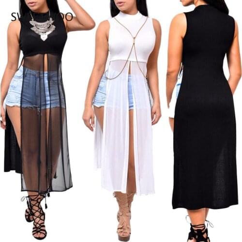 Sexy womens sleeveless high neck mesh stitching high slit long top long dress