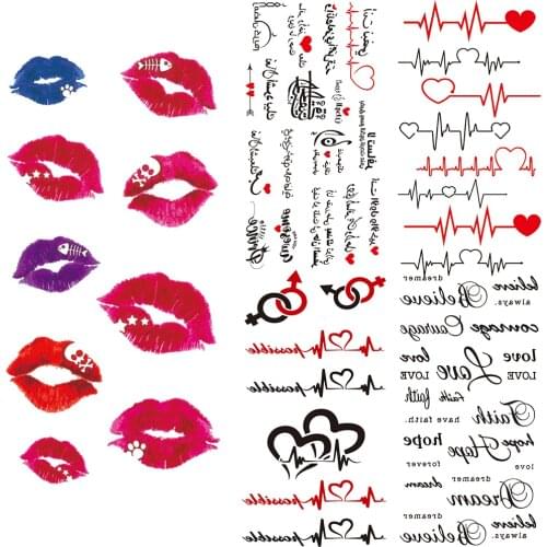 Sexy Colored Lips Temporary Tattoos For Womens Love Graphics Fake Tattoos Sticker Black Word Creative Fun Tatoo Arm Ankle Thighs
