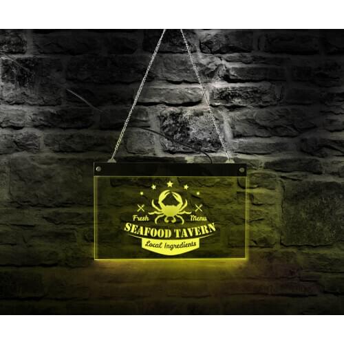 Fresh Menu Seafood Tavern LED Hanging Acrylic Board Local Ingredients Crab Seafood Restaurant Custom LED Lighting Business Sign