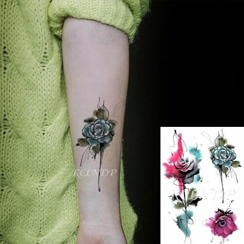 Waterproof Temporary Tattoo Sticker Color Chinese Water-ink Rose Flower Fake Tatto Flash Tatoo Hand Arm Art for Women Men