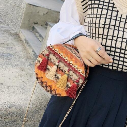 2019 New Girl Mini Circle shouder bag women Tassels Weave handbag Travel Crossbody Bag summer beach female hand pocket