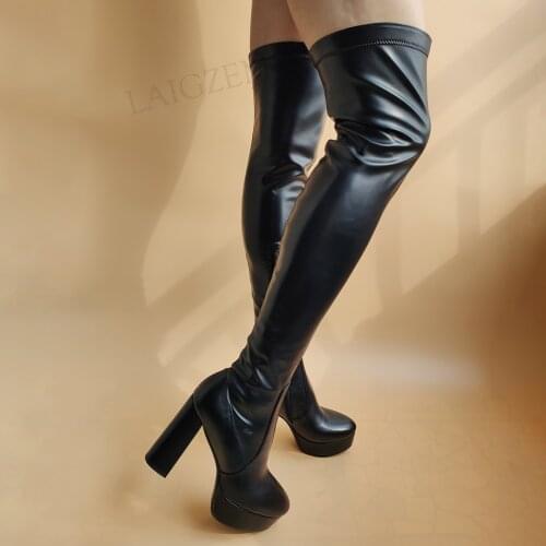 LAIGZEM Women Over Knee Platform Boots Stretchy Side Zip Block Thick High Heels Boots Frauen Shoes Woman Large Size 37 39 42 43
