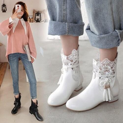 YQBTDL Fringe Mesh Lace Ankle Boots for Womens Autumn 2021 Square Low Heel Back Zipper Party Fashion Gril Shoes Drop Shipping