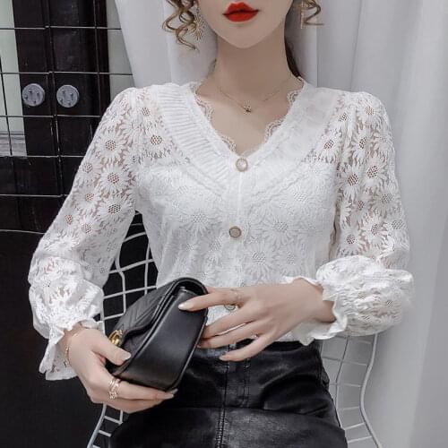 Women 2021 Spring Autumn Fashion V-neck Lace Shirts Female New Long-sleeved Thin Shirts Ladies Solid Color Loose Blouses W104