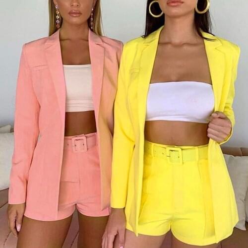 Women Office Lady Sexy Notched Collar Blazer + Shorts 2 Piece Set with Waistband Long-sleeve Solid Suits Jacket Short Pants