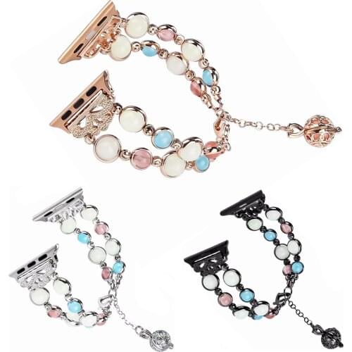 Womens Luminous Pearl Bracelet for Apple Watch Band Series 1 2 3 4 Adjustable iWatch 44/40mm 42/38mm Metal Link Wristband