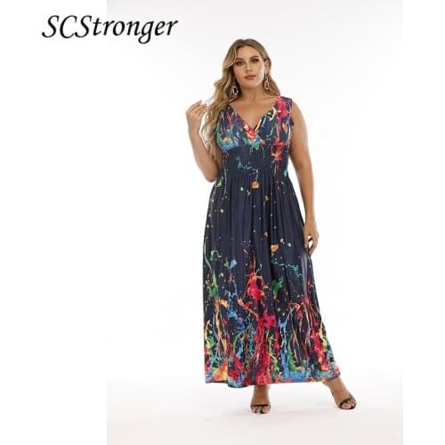 SCSTRONGER Summer Plus Size Dress Plump Girl Elastic Waist Slimming Graffiti Sexy Ice Silk Long Skirt Vestidos Mujer Verano 2021