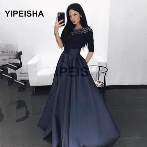 2021 New Black Scoop Neck Evening Dress Three Quarter Sleeves A-Line Pockets Beading Prom Party Gown robe de soirée de mariage