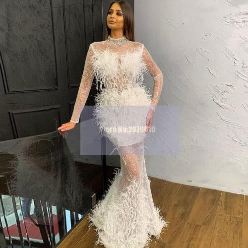 Illusion White 2020 Arabic Long Sleeves Mermaid Evening Dress Floor-Length Beaded Sequins Feathers Prom Dress Formal Dress Dubai
