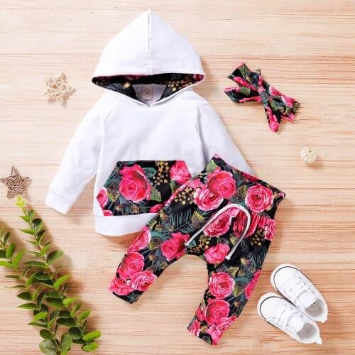 Autumn Winter 2PCS Infant Newborn Baby Girls Clothes Set Pocket Patchwork Hooded Tops +Floral Leggings Outfit Baby Clothing