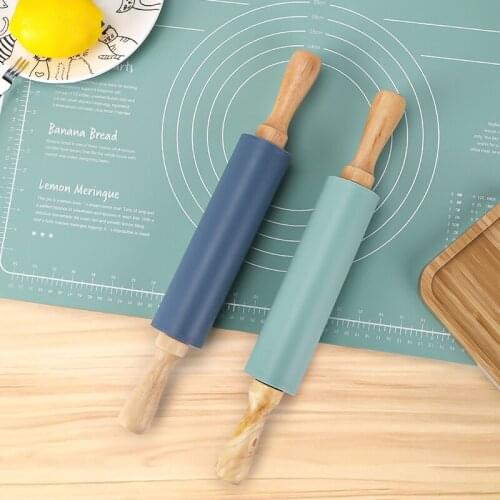 Non-Stick Silicone Rolling Pin Wooden Handle Pastry Dough Flour Roller Kitchen Cooking Baking Tool For Pasta Cookie Dough