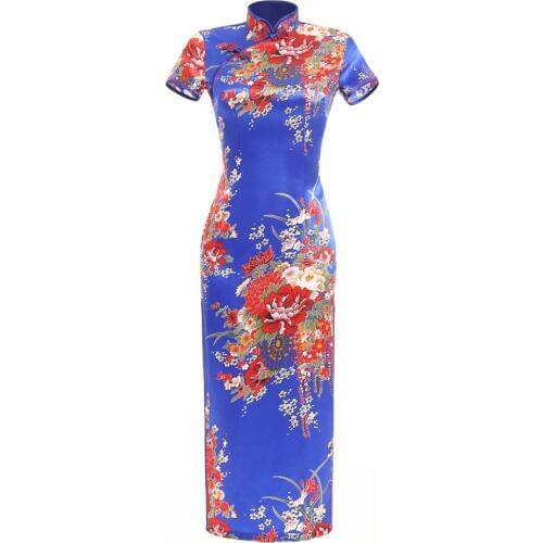 Shanghai Story Blue Long Qipao Satin Cheongsam Chinese Traditional Dress Short Sleeve Faux Silk long Chinese Dress