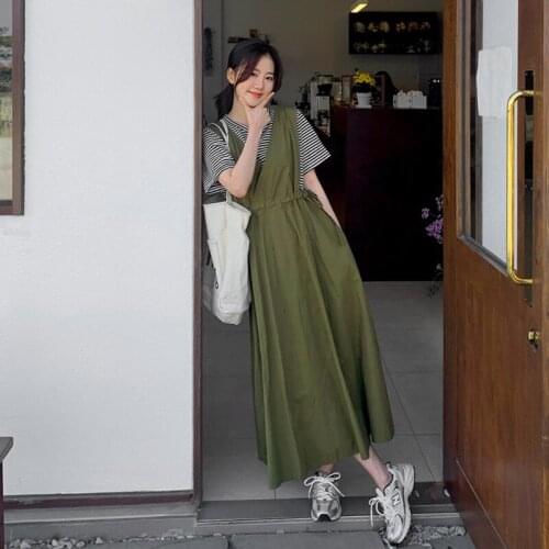 FairyNatural Ladies 2021 Summer V-neck Elastic Waist Dresses New Korean Girls Casual Loose Sleeveless Pockets Dress(only Dress)