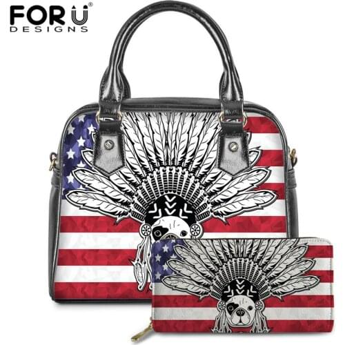 FORUDESIGNS Cute Bulldog USA Flag Handbags Women Casual 2pcs Ladies Crossbody Bags Pu Leather Casual Messenger Bag Bolsas Mujer