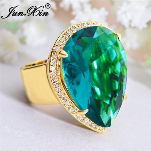 Pear Cut Big Green Blue Red Stone Crystal Wedding Rings For Men Women Yellow Gold Water Drop Zircon Promise Engagement Ring Male